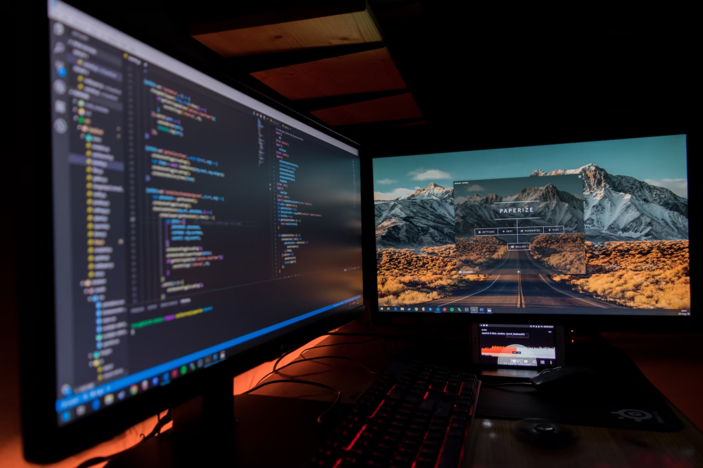 A photo showing a computer with two displays.