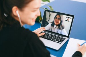 Online job interview of a female candidate by a female interviewer for contract hiring for an IT gig