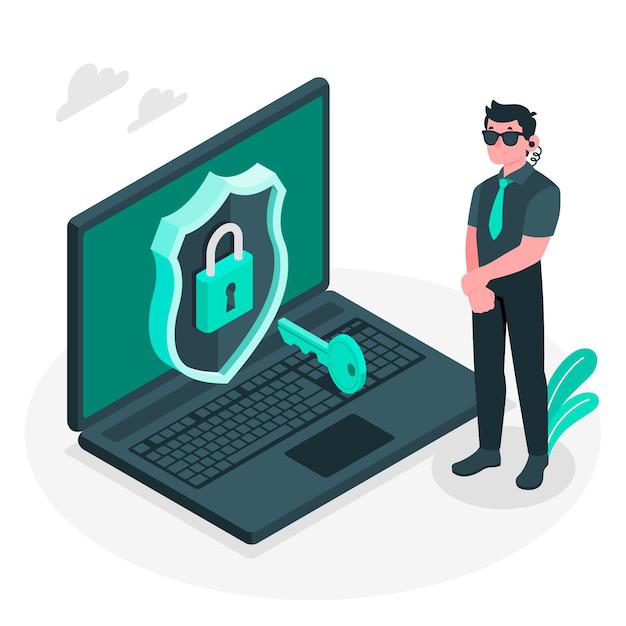 An illustration of a man in sunglasses and a tie standing by a laptop with a lock and key