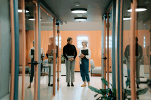 workers walking through an office