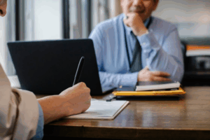 A job candidate during an interview with a hiring manager.